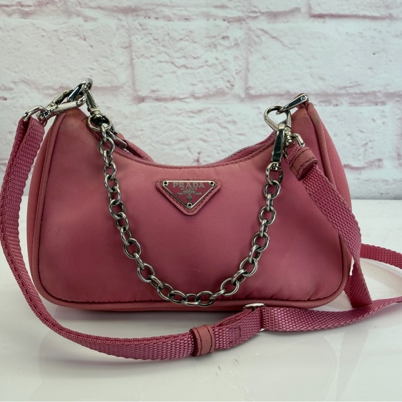Prada Mini Re Edition 2005 Pink Tessuto Chain Crossbody Bag